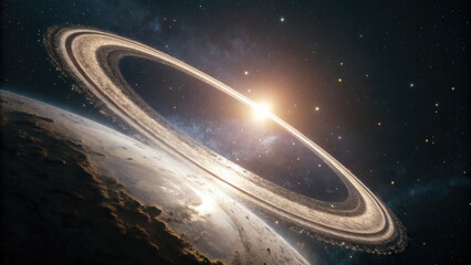Wall Mural - A glowing planetary ring gracefully levitates in deep space, radiating a subtle cosmic glow with faint celestial light refractions, offering a dreamy, futuristic ambiance for design or branding.