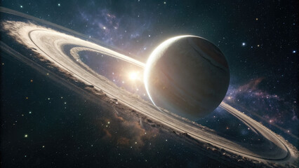 Wall Mural - A glowing planetary ring gracefully levitates in deep space, radiating a subtle cosmic glow with faint celestial light refractions, offering a dreamy, futuristic ambiance for design or branding.