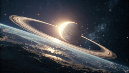 Wall Mural - A glowing planetary ring gracefully levitates in deep space, radiating a subtle cosmic glow with faint celestial light refractions, offering a dreamy, futuristic ambiance for design or branding.