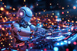 © Chen - Holographic synthwave robot DJ playing music in neon-lit futuristic club with vibrant vaporwave colors and retro effects, creating an electrifying nightlife atmosphere