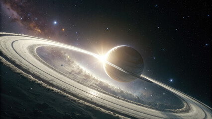 Wall Mural - A glowing planetary ring gracefully levitates in deep space, radiating a subtle cosmic glow with faint celestial light refractions, offering a dreamy, futuristic ambiance for design or branding.