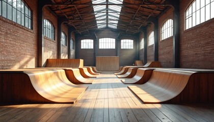 Aufkleber - Skatepark illustration features wooden ramps inside old warehouse with brick walls, high ceiling, natural light streaming. Urban industrial interior. Empty skate spot, inviting action, skateboarding