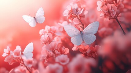 Wall Mural - pink floral scene with white butterflies and dreamy light spots