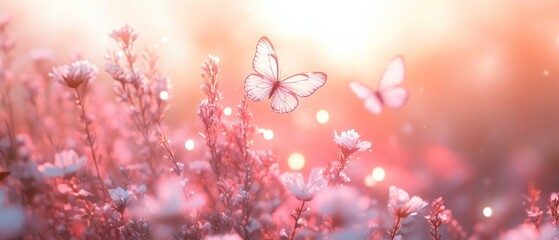 Wall Mural - pink floral scene with white butterflies and dreamy light spots