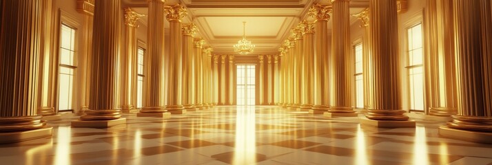 Aufkleber - Luxurious government building featuring grand golden columns illuminated by elegant lighting Generative AI
