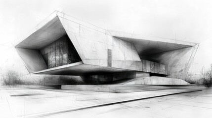 Poster - Modern Architectural Sketch: Geometric Building Design, Abstract Lines, and Contemporary Style