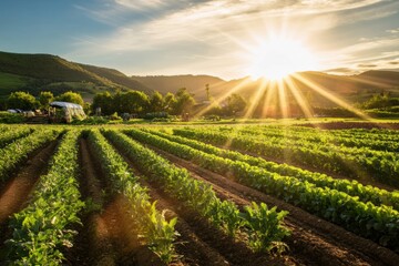 Aufkleber - Vibrant farm landscape with organic produce prepared for delivery in warm sunlight and nature vibes Generative AI