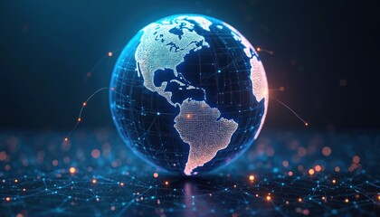 Poster - Abstract digital 3d globe with glowing connections. Technology planet earth. Global network, internet, communication, data transfer, business, innovation, worldwide.