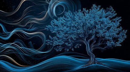 Celestial Blue Tree: A Digital Painting of a Nighttime Landscape AI Generated