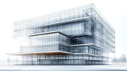 Poster - Modern Glass Building Architectural Design: A Stunning 3D Wireframe Model