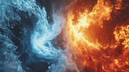 Poster - vibrant digital artwork depicting a cosmic dance of fire ice with Two powerful forces intertwine in a spectacular display of energy.