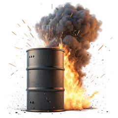 Aufkleber - a metallic barrel erupts in a dramatic explosion, surrounded by flames and billowing smoke.