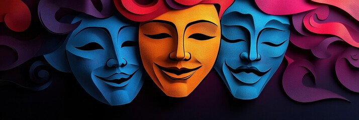 Aufkleber - Stunning layered paper cut illustration of comedy and tragedy theater masks showcasing deep shadows and vibrant colors Generative AI