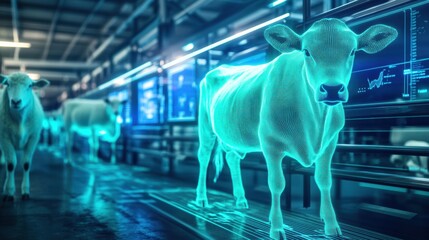 Aufkleber - Smart farm technology integrates biometric sensors for livestock in a clean, futuristic environment with holographic displays Generative AI