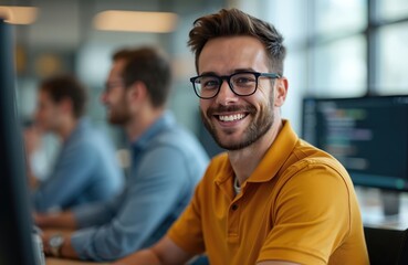 Poster - Smiling programmer in modern office with colleagues. Happy man with glasses, coding on computer. Teamwork, cooperation, tech, IT, development, business concept. Modern workplace.