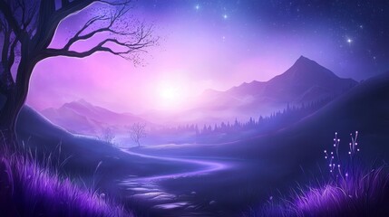 Wall Mural - a glowing purple fantasy landscape, with shimmering stars and cosmic mist in shades of violet and de