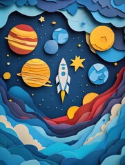 Poster - Layered paper cut craft of a vibrant space adventure featuring planets and a rocket ship amidst deep cosmic blues Generative AI
