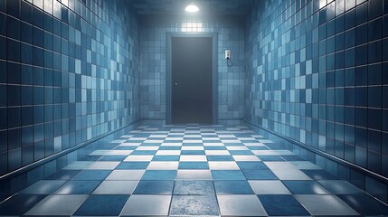Poster - Mysterious Blue Corridor: Dark, Checkered Floor and Tile Walls Digital Art
