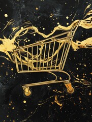 Poster - Golden grocery cart stands out against a black background, adorned with elegant textures and typographic elements, representing high-end shopping experience
