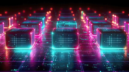 Poster - Neon Cubes: A Futuristic Digital Network Visualization