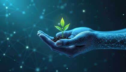 Poster - Digital hand nurtures green sprout, tech growth environmental sustainability. Futuristic blue network background, connections, eco, nature, AI, biotechnology, innovation, progress, virtual, organic.