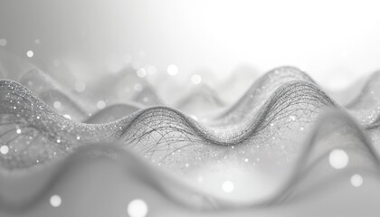 Poster - Grayscale digital wave pattern. Network of nodes, lines, bokeh lights. Abstract, modern tech, communication, data visualization. Futuristic design, innovative concept. Cyber, digital, cyberspace, 3D