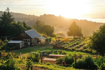 Aufkleber - Vibrant farm landscape with fresh organic produce for delivery under warm sunlight in a peaceful rural setting Generative AI