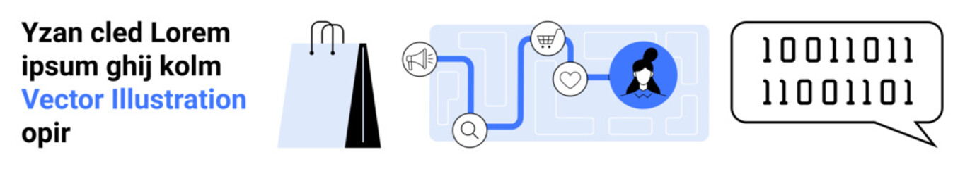Shopping bag, connected digital icons, user profile, and binary code speech bubble. Ideal for e-commerce, technology, networking, social media, digital marketing data sharing simple landing page
