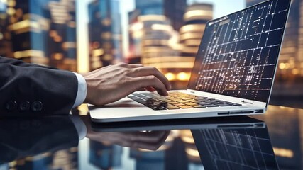Poster - Digitizing the Future: A professional's hands navigate a laptop's illuminated display, with a futuristic data visualization, set against the backdrop of an urban cityscape