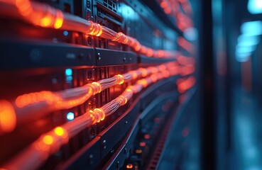 Poster - Data center with neon lights. Fiber optic cables, modern digital tech, information transfer, high-speed communication, internet, network. Glowing fiber optics, cables, data transmission, server room.