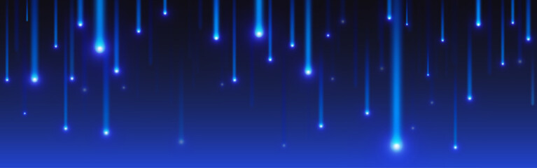Poster - Blue tech rain background - glowing vertical lines, streams of light falling like raindrops on dark bg. Futuristic abstract wallpaper, digital art illustration. Sci fi neon design element for banner.