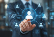 © Nazma - Customer relationship management CRM concept. Customer data and marketing database system. Businessman touching customer icon.