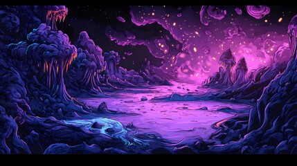 Wall Mural - alien planet landscape, glowing flora, night, game background