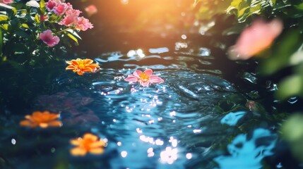 Wall Mural - Water surface with flowers in sunlight