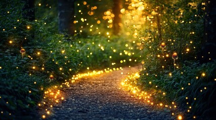 Poster - A magical pathway adorned with twinkling lights leading to an enchanted destination at night