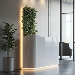 Poster - Elegant Reception Area with White Desk, Green Plants, and Modern Design Elements: A Minimalist and Inviting Space.