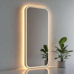 Poster - Illuminated Mirror with Rounded Edges in Minimalist Setting Alongside Green Plants in White Pots, Reflecting Serenity.