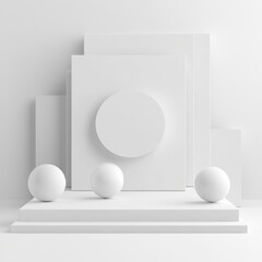 Aufkleber - Minimalist Abstract: White Geometric Shapes and Spheres on a Layered Platform