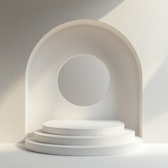 Aufkleber - Minimalist White Podium with Arch and Circle Cutout, Perfect for Product Mockups and Modern Design Presentation 