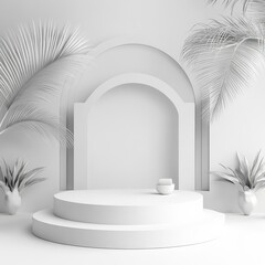 Poster - Minimalist White Product Display Podium with Arch and Palm Leaves: A Clean and Modern Presentation