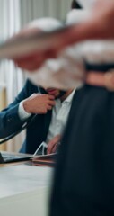 Aufkleber - Business man, talk and phone call with document in office, client feedback and proposal report. Accountant, mobile or conversation of financial solution, investment paperwork and schedule negotiation