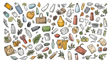 Naklejka na meble Eco-Friendly Assortment: An illustrated collection of eco-friendly items showcases a variety of reusable, sustainable, and environmentally conscious products.