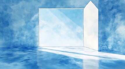 Poster - Blue background with wall Sky Room with Blue Horizon Empty blue room, sunlight, watercolor