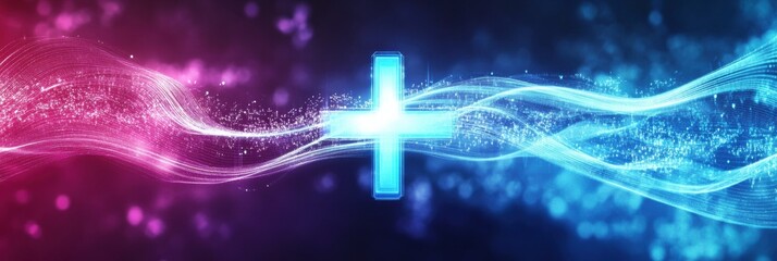 Leinwandbilder - Futuristic medical design with glowing waveforms and cross-shaped symbol in blue and white gradient Generative AI