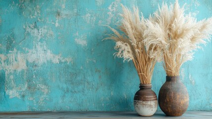 Poster - Two rustic vases filled with dried pampas grass set against a distressed turquoise wall, capturing a blend of bohemian charm and minimalist aesthetic perfect for home dÃ©cor