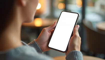 Poster - Woman holds smartphone blank white screen, viewed from behind in cafe. Mobile tech concept mockup display. Blank cellphone screen for app interface, design, advertising. Phone mock-up.