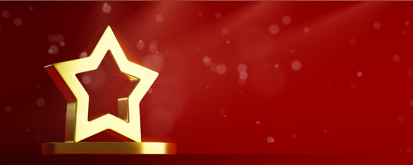 Poster - gold 3d star award on circular base on red background with soft bokeh effect. hollow metallic trophy