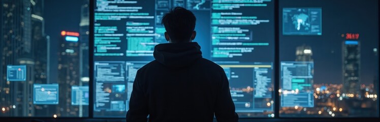 Fototapete - cybersecurity expert examines code on digital display screen at night. data analysis, information se