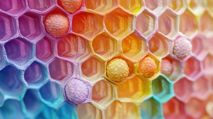 Poster - vibrant honeycomb cells: a close-up showcases a colorful array of honeycomb cells, each bursting wit