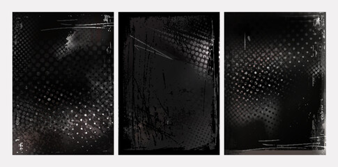 Poster - punk grunge halftone black backgrounds with worn scratched texture. dark monochrome set of distresse